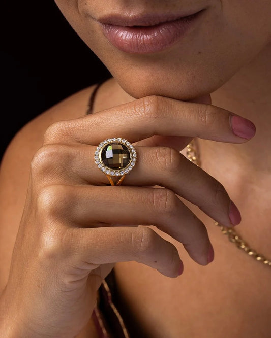 Smokey Topaz ring met glassteen & Zirkonia