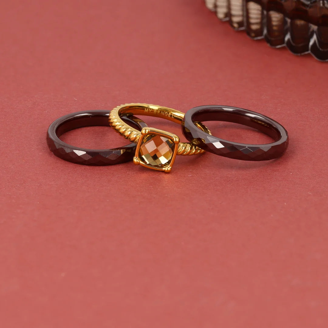 Geribbelde ring met vierkante glassteen Smokey Topaz