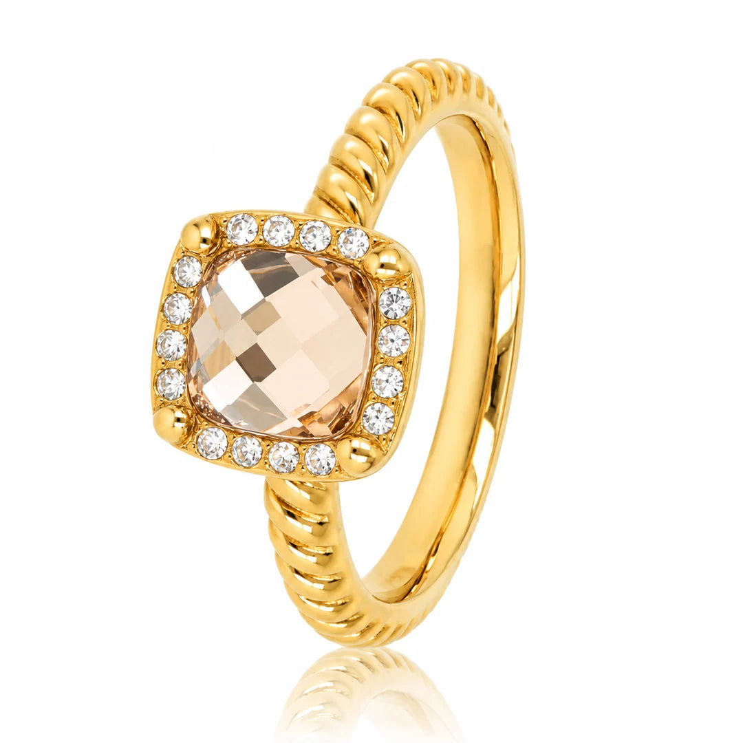 Geribbelde ring met vierkante glassteen en Zirkonia Smokey Topaz