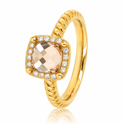 Geribbelde ring met vierkante glassteen en Zirkonia Smokey Topaz