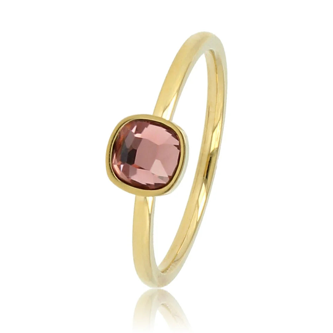 Vierkante Glassteen donkerroze gouden ring