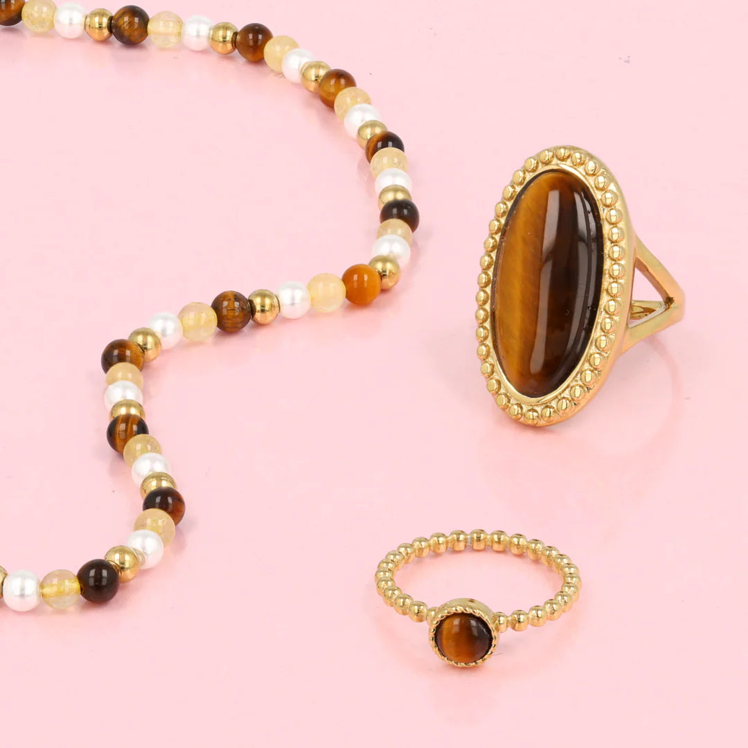 Tijgeroog, Citrien en Parel Kralenketting