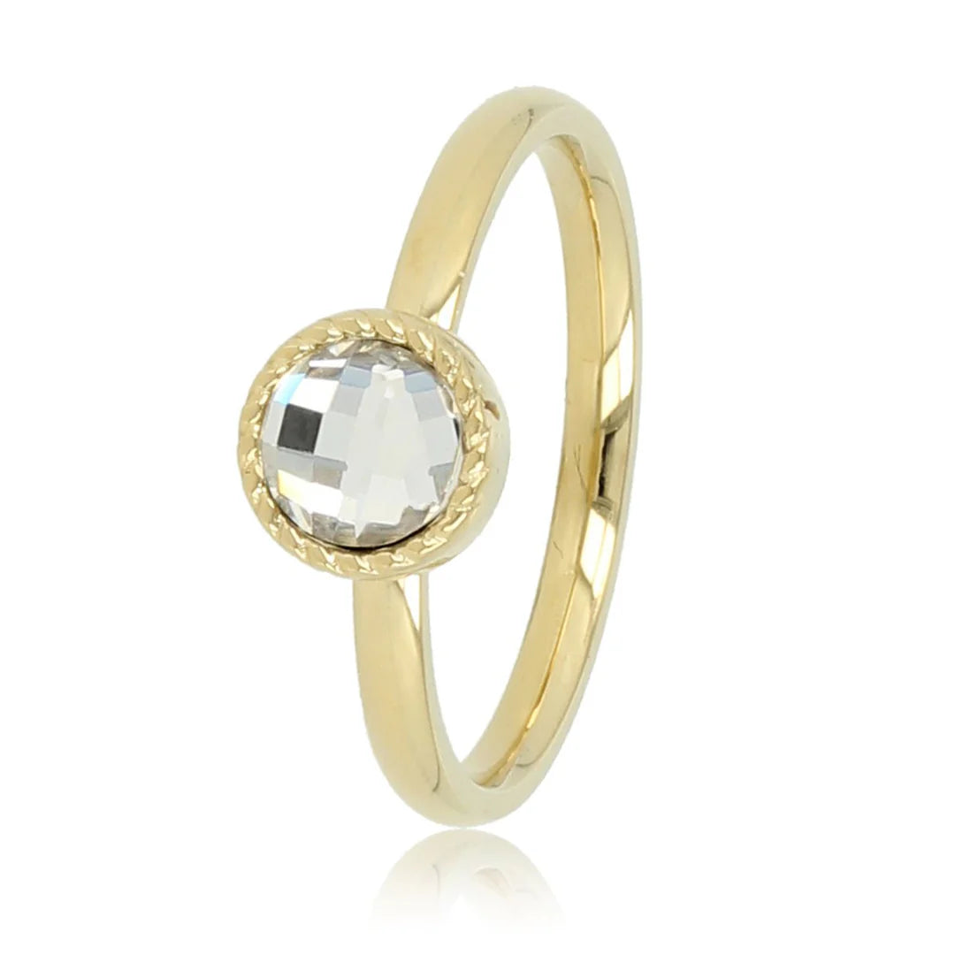 Ronde Glassteen kristal gouden ring met getwist randje