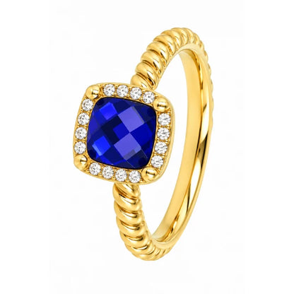 Geribbelde ring met vierkante glassteen en Zirkonia kobalt blauw