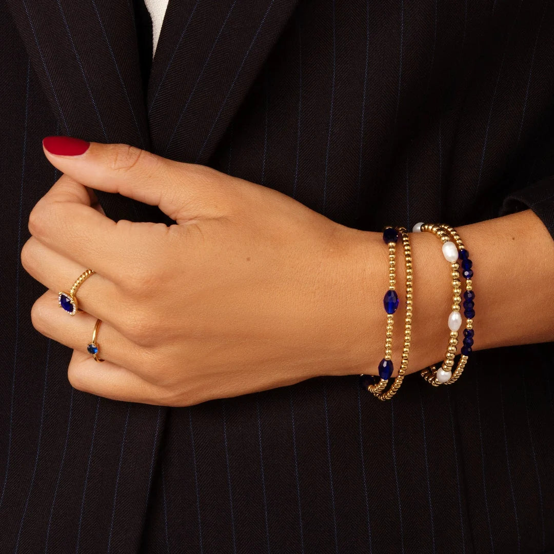 Geribbelde ring met vierkante glassteen en Zirkonia kobalt blauw