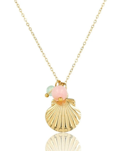 Schelpjes ketting met Fluoriet & Rozekwarts goud/zilver
