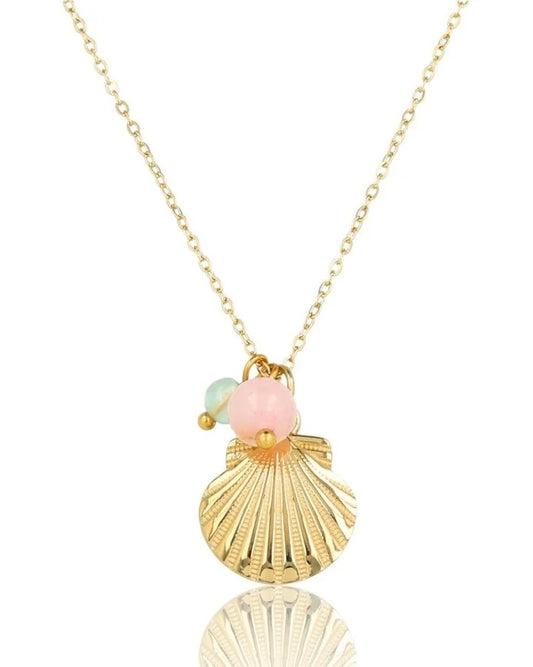 Schelpjes ketting met Fluoriet & Rozekwarts goud/zilver