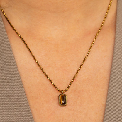 Tijgeroog ketting met Rechthoekige steen
