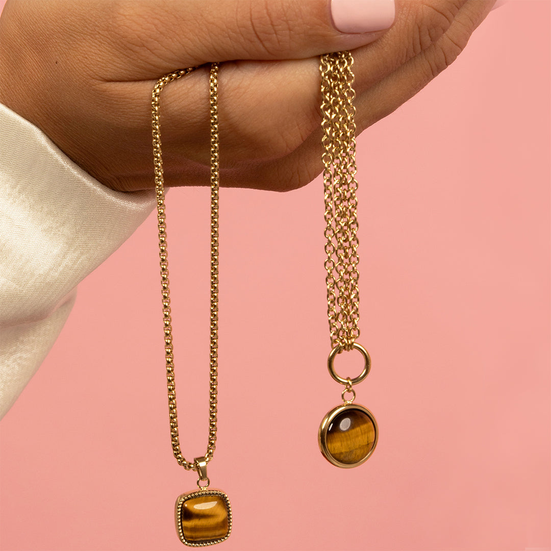 Tijgeroog dubbele ketting goud